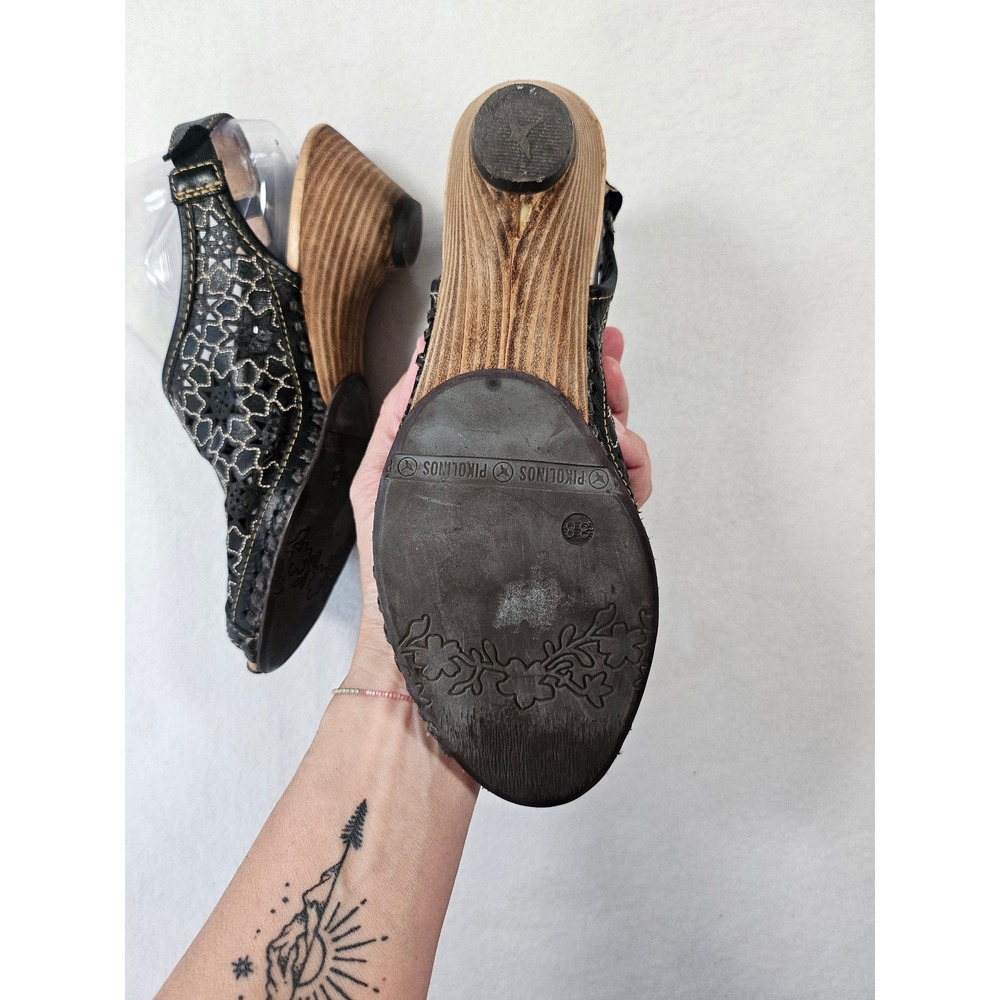Pikolinos Black Leather Laser Cut Floral Wedge Sandals Peep Toe Boho size 38 - Picture 7 of 16